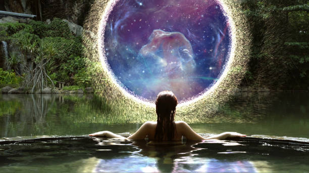 光に包まれた水辺に立つ女性。背後には神秘的な占星術チャートが輝き、第3ハウスが示す「行動」と「精神的な成長」を象徴するアイキャッチ画像。